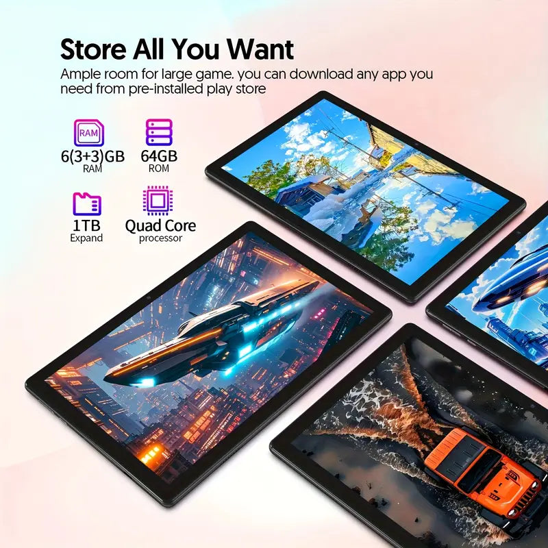 Android 14 Tablet Latest Tablets, 10 Inch Tablet (3+3)GB RAM 64GB ROM 1TB Expand, 6000Mah Battery 2 in 1 Tablet with Keyboard, Case, Stylus, 4-Core Tablet PC, 5G Wifi, 2MP+8MP Dual Camera, 1280 * 800 FHD IPS Screen, Tablet, Pad
